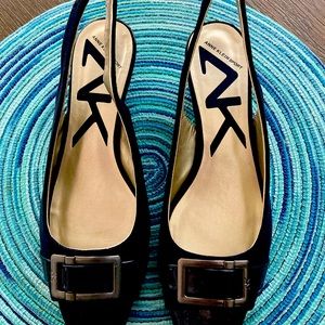 Ann Kline Navy Open Toe Kitten Heels